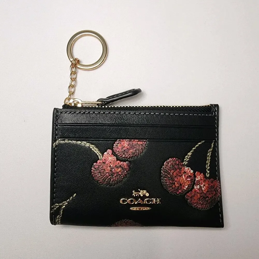 NWT COACH CDF83 Mini Skinny Id Case With Cherry Print Smooth Leather Black Multi - Picture 1 of 3